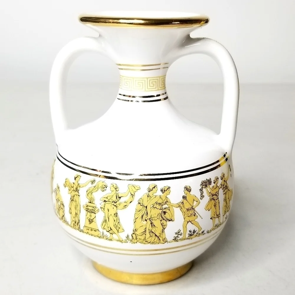 Vintage Neofitou Hand Made Hand Painted 24K Gold White Vase With Handles, Greece